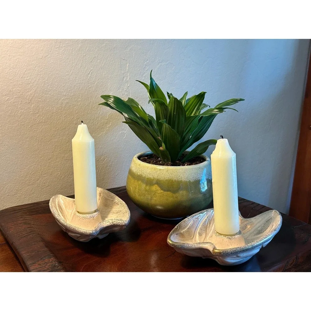 Vintage 1950s American Pottery Leaf Candlestick Holders-MCM Ceramic Candle Decor
